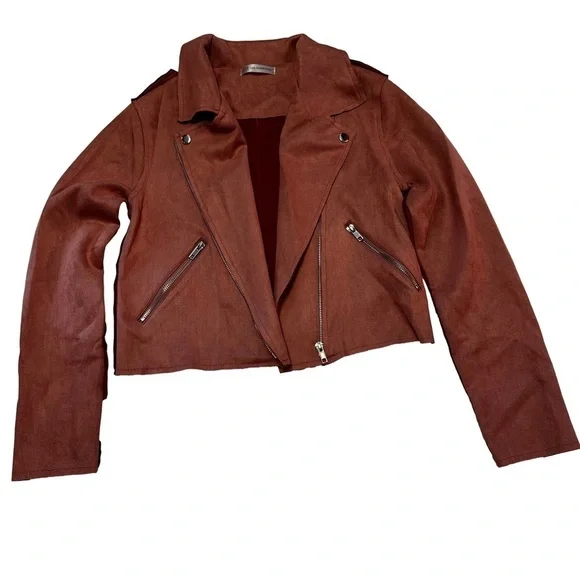 Lisa Robertson Size Small Brown Faux Suede Moto Jacket Coat Snaps Zippers NEW - Picture 1 of 15